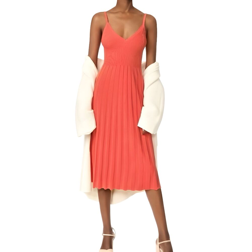 Elizabeth and James Bonnie Pleated Rib Knit Slip Midi Dress Coral Salmon Size L